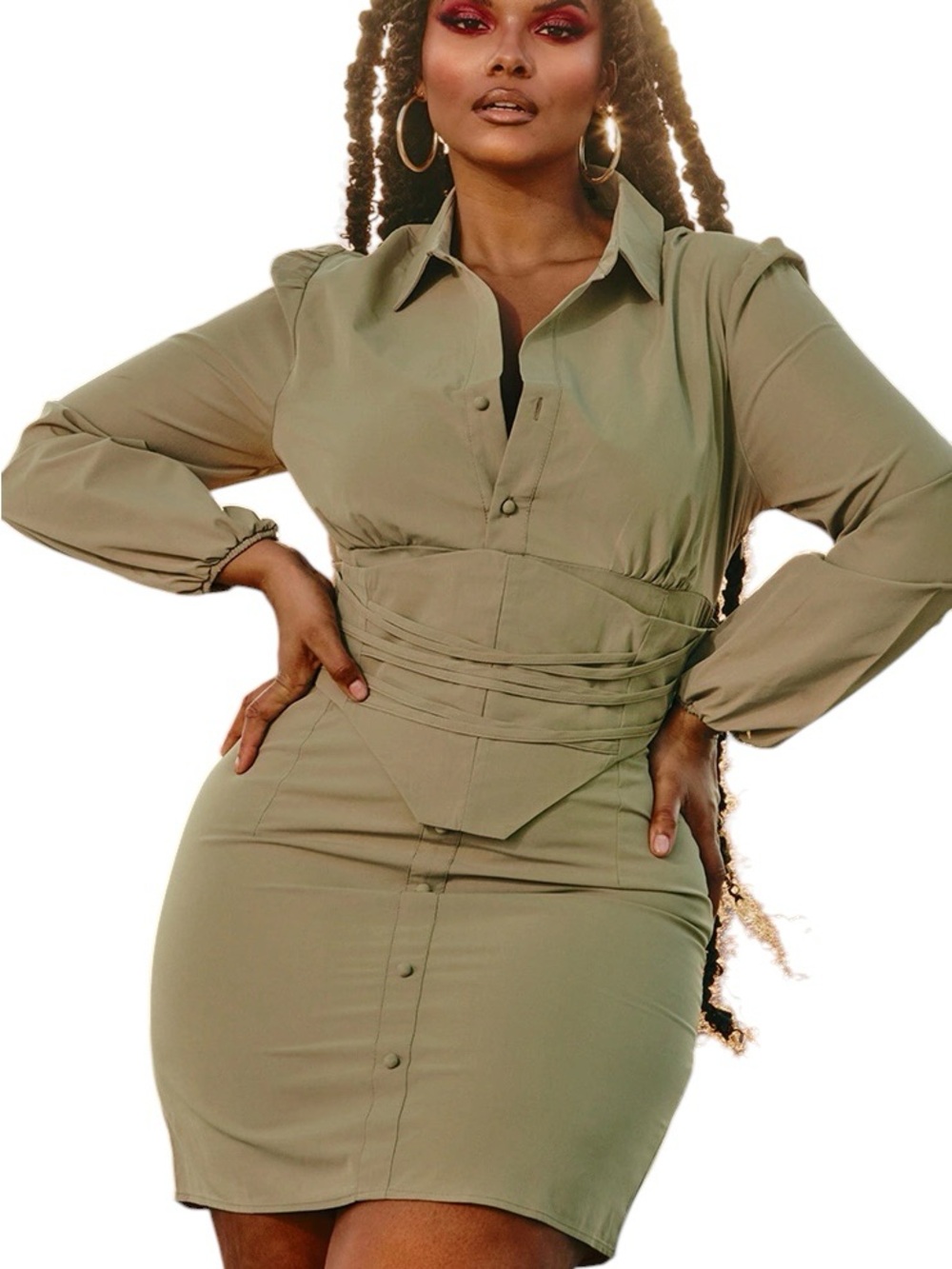 PrettyLittleThing Plus Size 22 Khaki Taupe Mini Dress Corset Long Sleeve EUC